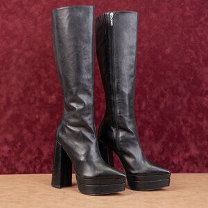 Schutz Women Elysse Platform Pointy Toe High Heel Black Leather Boots Size 8